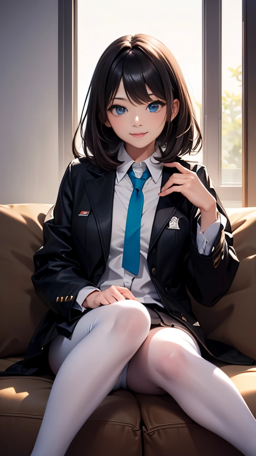 ((highest quality)), ((master piece)), ((super detailed)), (extremely delicate and beautiful), girl vs., solo, cold attitude,((black jacket)),彼女はandても(relax)and(Settle down)Appearance,brunette colored hair, Depth of bounds written,smile,bright light blue eyes,inner color，黒髪and水色の端,cold background,Bob Hair - Linear Art,black pantyhose、White uniform like school uniform、light blue ribbon tie