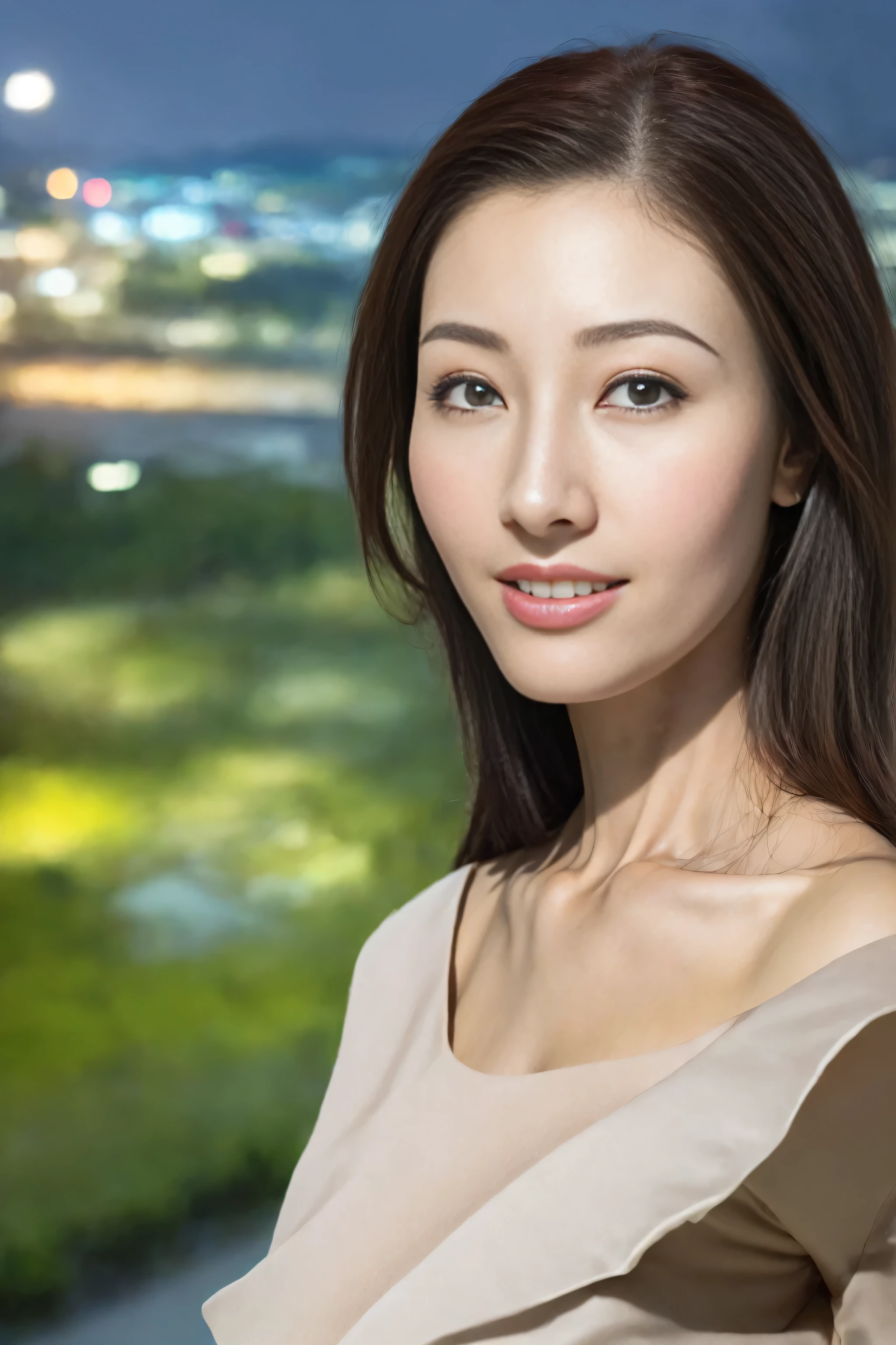 ((night view, realistic light, best quality, 8k, masterpiece: 1.3)), 1 girl, slim: 1.4, brown hair, (Big deal: 1.3), Off-shoulder cut top: 1.3, Super detailed faces, exquisite eyes, double eyelids, disney land, fountain, castle, fireworks, Smile, Split, droop