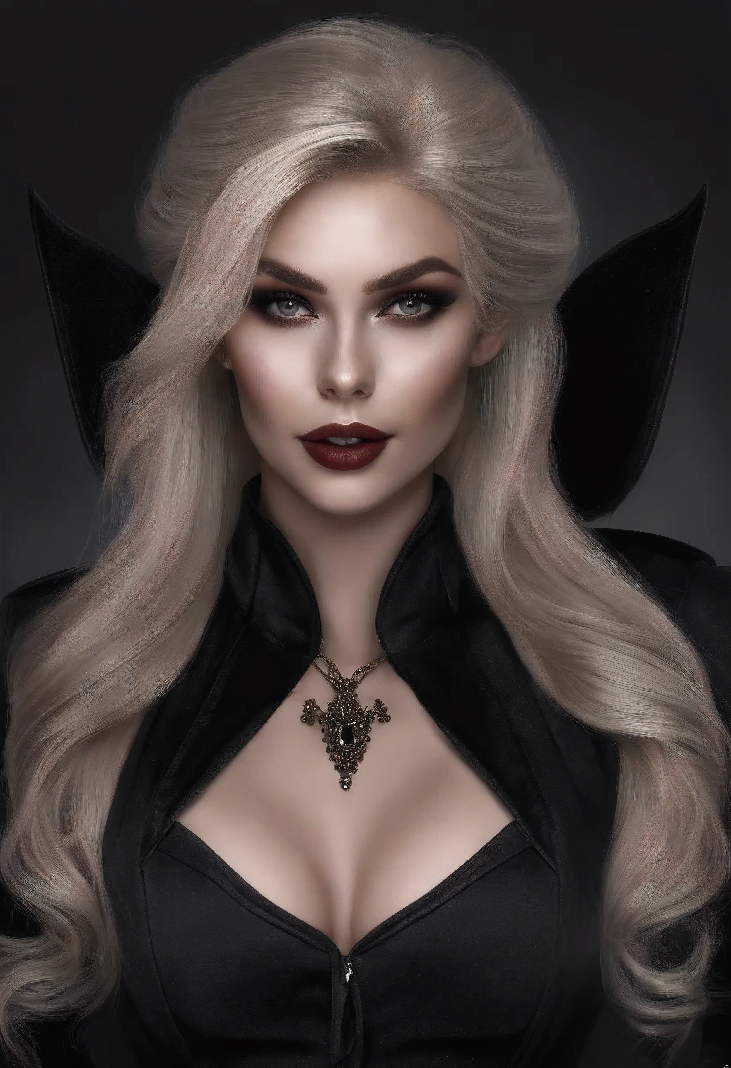 Dark portrait of a blonde vampire, Black suit, hair up, pomade, Perfect pale skin, detailed dark ink, Beautiful, Beautiful большая грудь, smiling, Visible fangs, она забрызгана Bloodю, Skinny jeans accentuate her Beautiful body, (sexual) Outside, She seduces, питается Bloodю, High quality dark background, Super detailed landscapes, super sharp focus, detailed dark ink, Perfect Professional Makeup, dark medium, a dark room, Blood