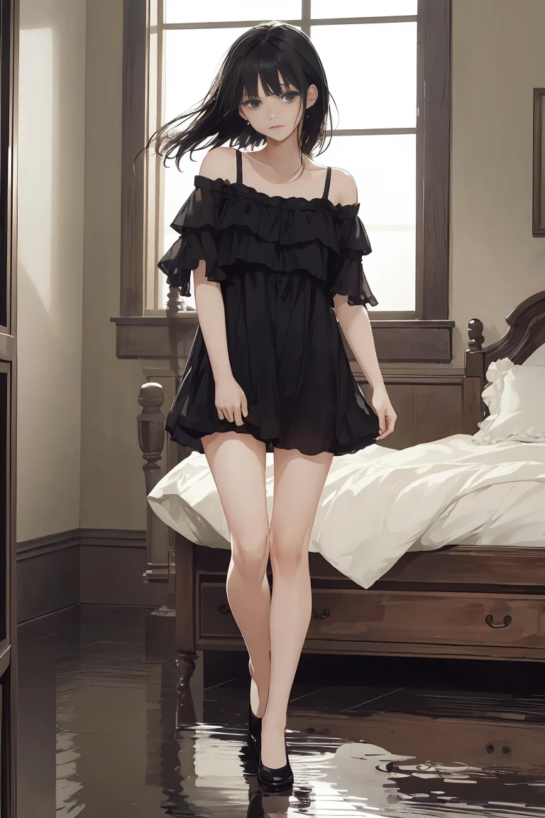 ((highest quality)), ((masterpiece)), (get used to it), perfect face is sad Are crying girl dark room one piece tears anxious face Are crying black hair Look down a little stand up straight The whole body is reflected Beautiful woman