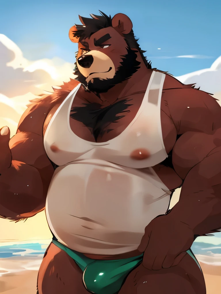 Chubby, furry,male , anthro bear, dark red fur, cream fur, black hair, very plump, middle aged  , mouth covered mustache,Thick beard, seductive  , detailed , half body , tight tank top, lifted up, chest and belly exposed, naked, hard penis, extremely hot and sexy, eye ls half closed, black pupils, eye contact, seductive, horny, hot, white tank top, speedo, sweaty, wet nipples, beach setting, afternoon, blue sky, hot temperature, day time, one arm raised, hairy armpit, by hyaku ,by darkgem, by glitter trap boy