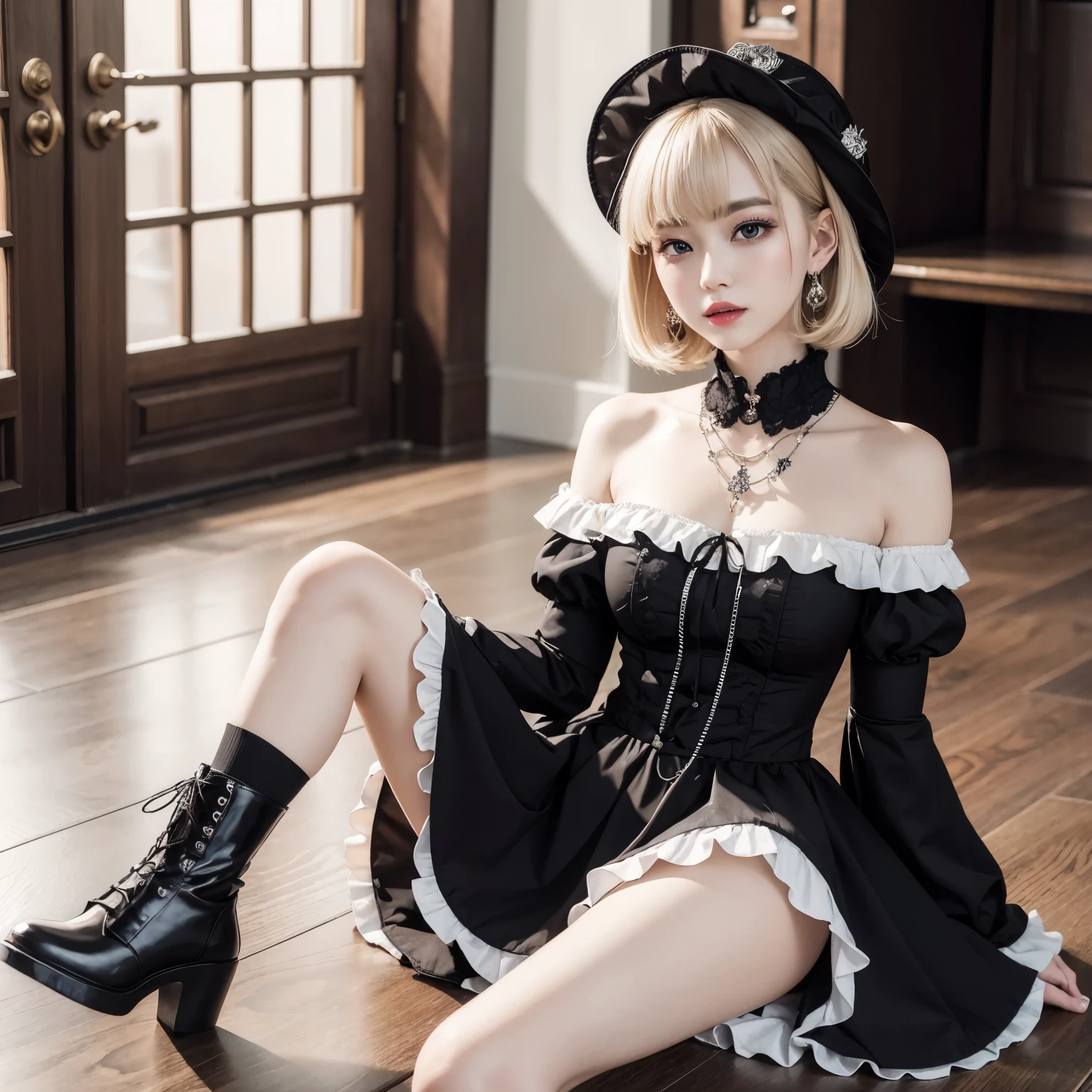 ((highest quality)), ((masterpiece)), (be familiar with), perfect face、20-year-old、gothic fashion、gothic ta clothes、double eyelids、tear bag、beautiful eyes、blonde、short bob、skirt、indoor、normal brightness lighting、earrings、necklace、high socks、boots、Composition that shows the entire body、sexy pose、Outstanding style、In detail down to the fingers、high resolution、High definition、stand、headdress
