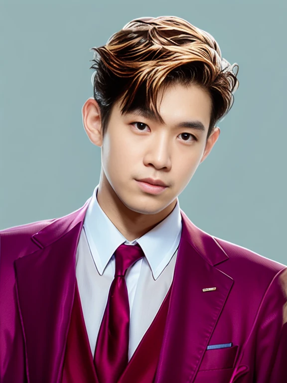 Render colorized realistic a man in a suit and tie, inspired portrait of kpop idol, high quality portrait official