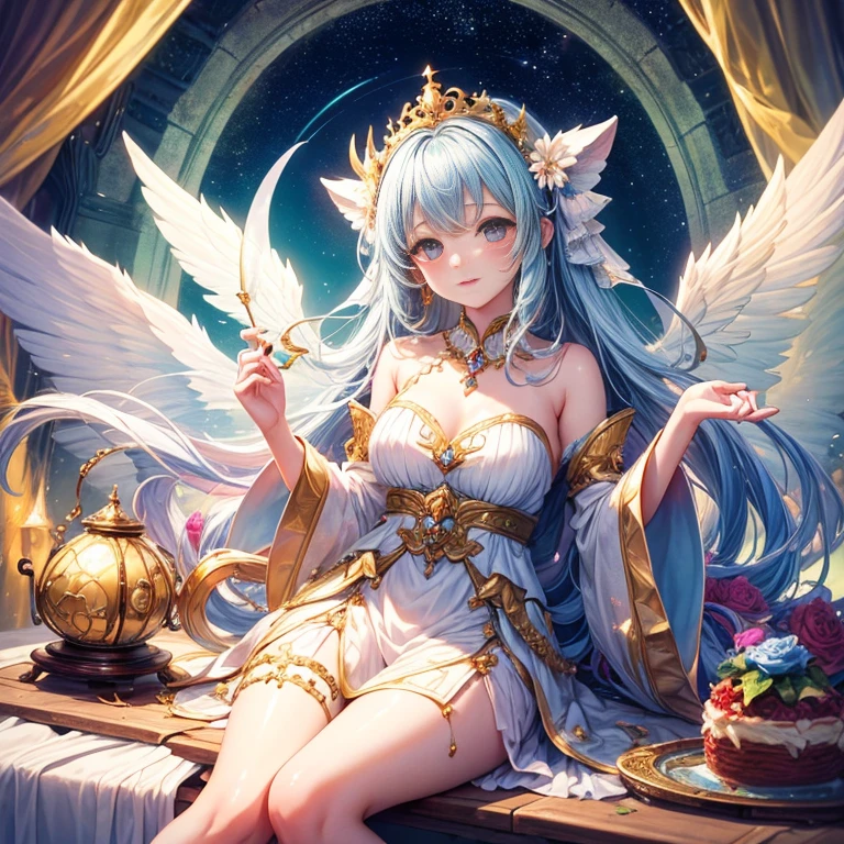 (best quality, hyper detailed, high quality, masterpiece),Embark on an enchanting journey into a whimsical realm, where a charming and ethereal young girl embodies the essence of a celestial being. With delicate wings shimmering in iridescent hues, she radiates pure innocence and grace. Let your imagination take flight as you paint a picture of this heavenly creature, and let her presence bring warmth and serenity to the world around her."