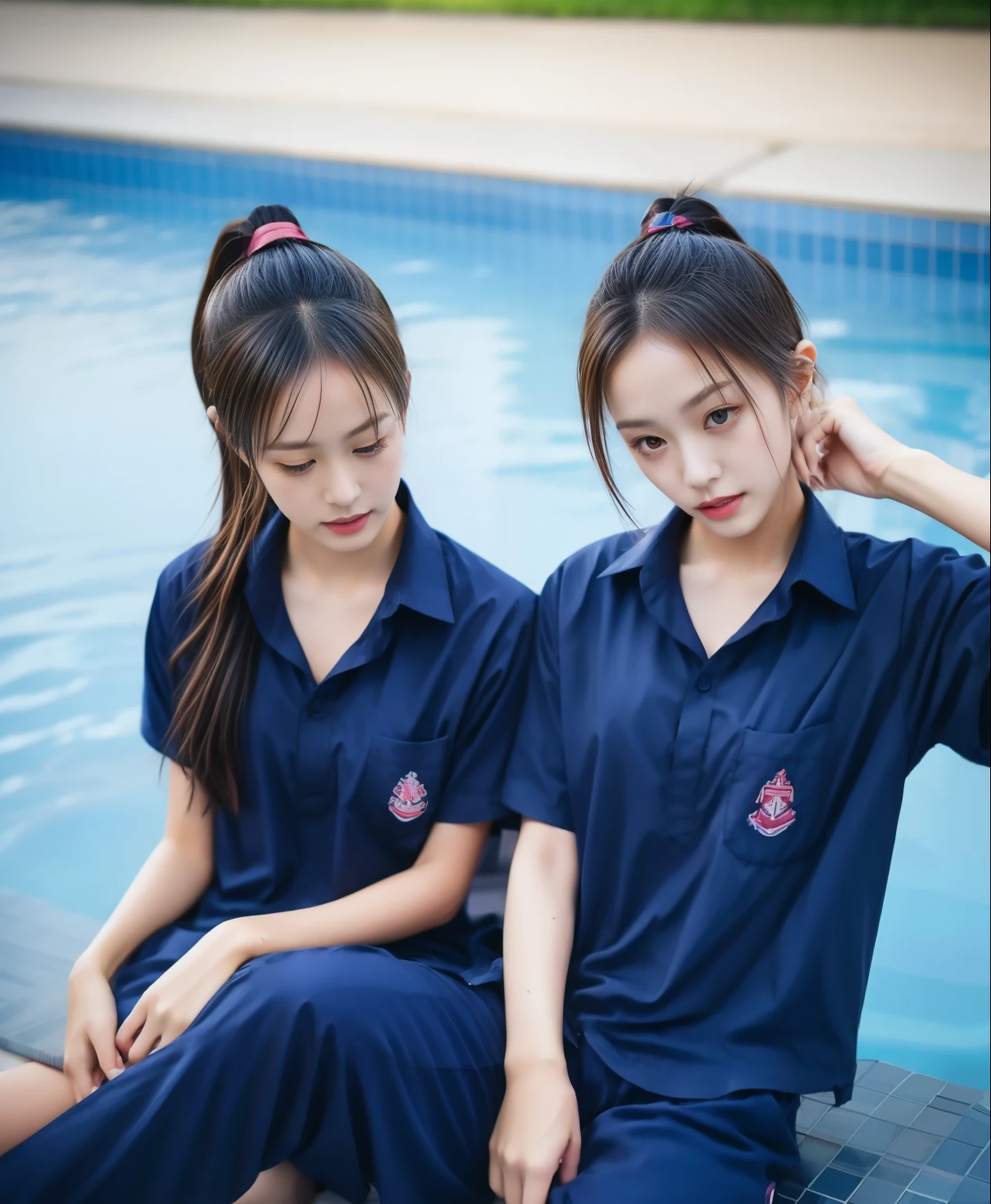 2 girls in the swimming pool, Navy blue short-sleeved shirt,Navy Long Trackpant,Sweatpants, Sweatpantsขายาว,25 year old girl, lesbian, sexy, exercise clothes, wet body