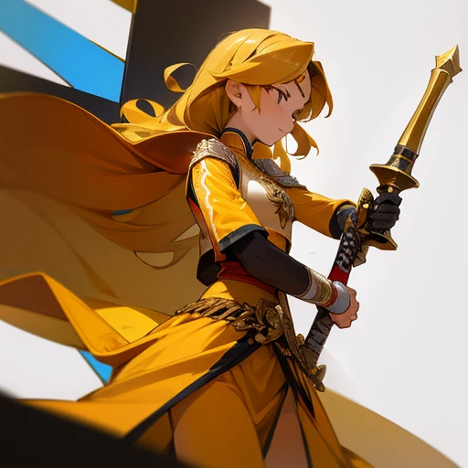 1 girl, solo, flags of indonesia, keris, holy paladin, javanese dress, great sword, long yellow wavy hair, gold accent, detailed