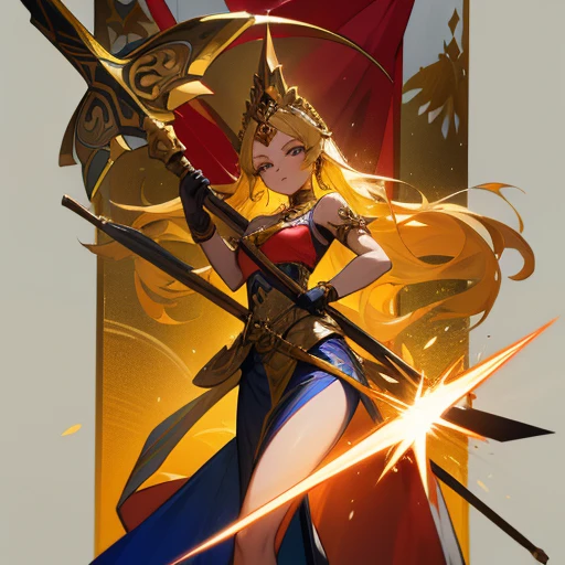 1 girl, solo, flags of indonesia, keris, holy paladin, javanese dress, great sword, long yellow wavy hair, gold accent, detailed