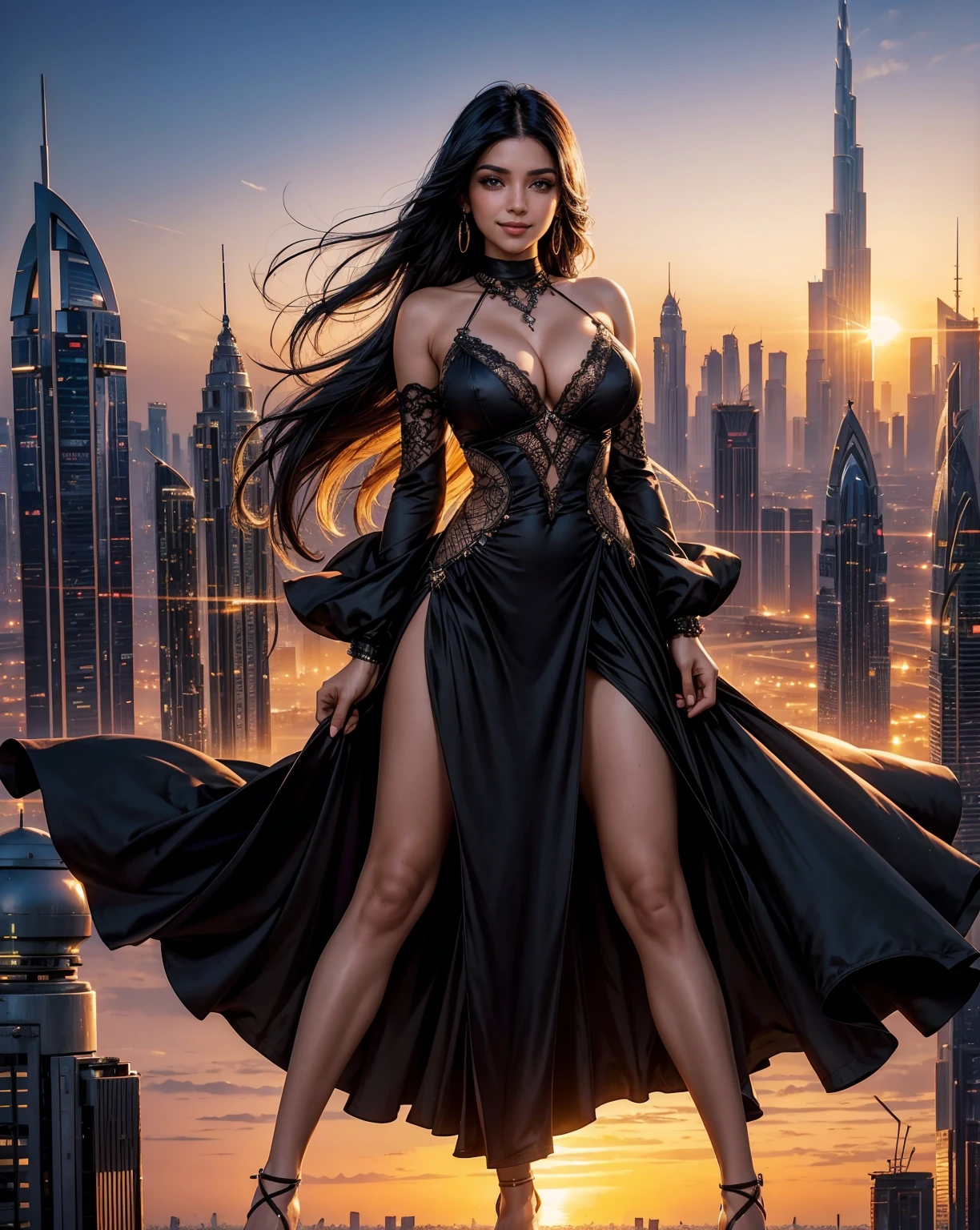 (background:: the sun is setting over the city skyline, dubai, city sunset, stunning sunset, spectacular sunset, sunset panorama, desert with city in the skyline, epic sunrise, sunrise over solarpunk city, sunset view, twilight skyline, photo of futuristic cityscape, brilliant sunset, gta : dubai, epic sunset, city skyline, dramatic sunrise, sunrise over solar punk city, beautiful sunrise) a woman in a black dress posing for a picture, dubai, very sexy woman with black hair, tanned ameera al taweel, closeup shot, streaming on twitch, arab ameera al taweel, closeup shot, photo of slim girl, a beautiful woman with long, iranian, alanis guillen, curvy hourglass figure, cleavage, smily face, smile.
