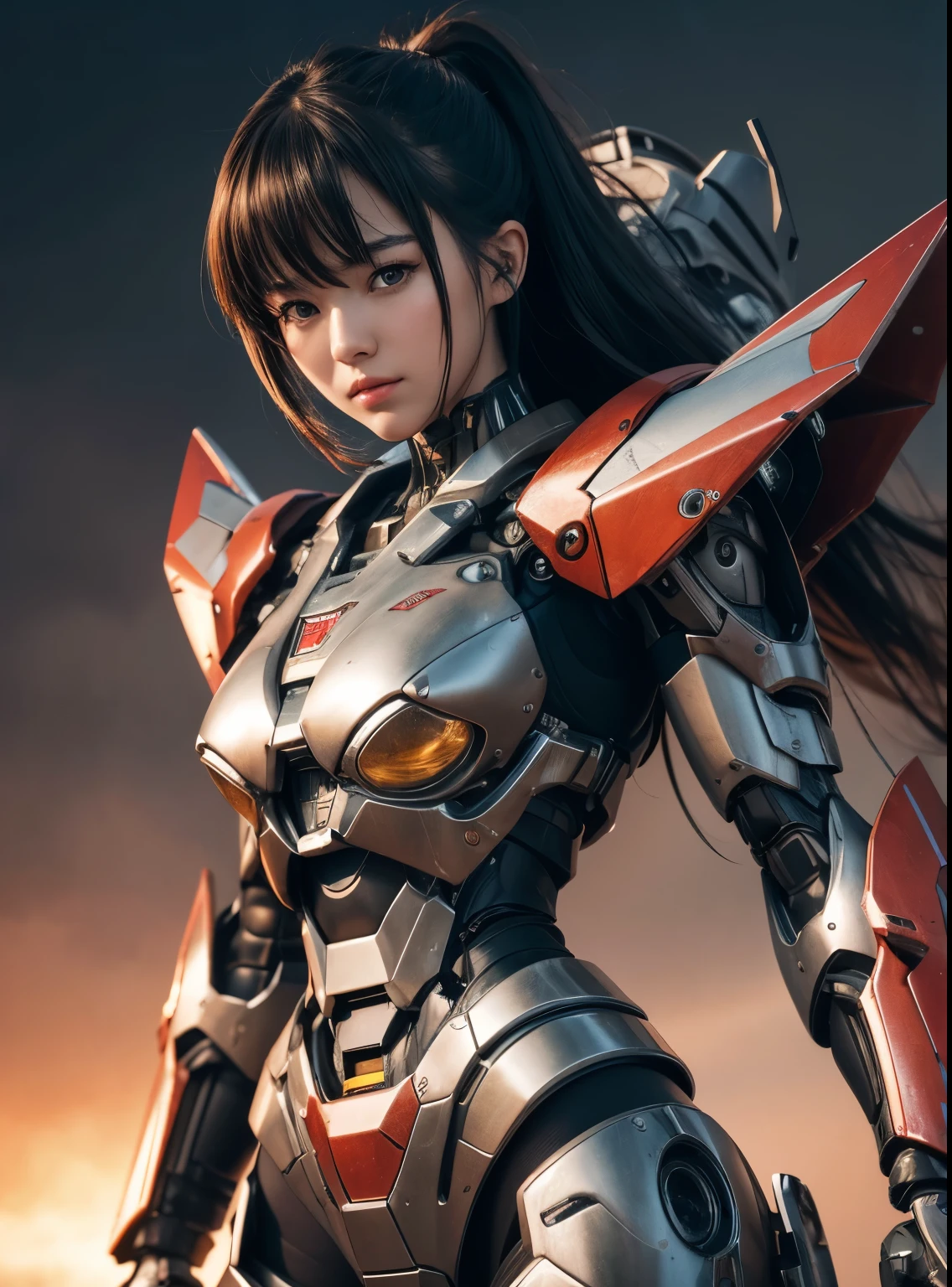 rough skin, Super detailed, advanced details, high quality, 最high quality, High resolution, 1080P, hard disk, beautiful,beautifulサイボーグの女性,Mecha cyborg girl,battle mode,Mecha body girl,She wears a battle cyborg mech with a weapon,Cyborg Warrior,full body shot
