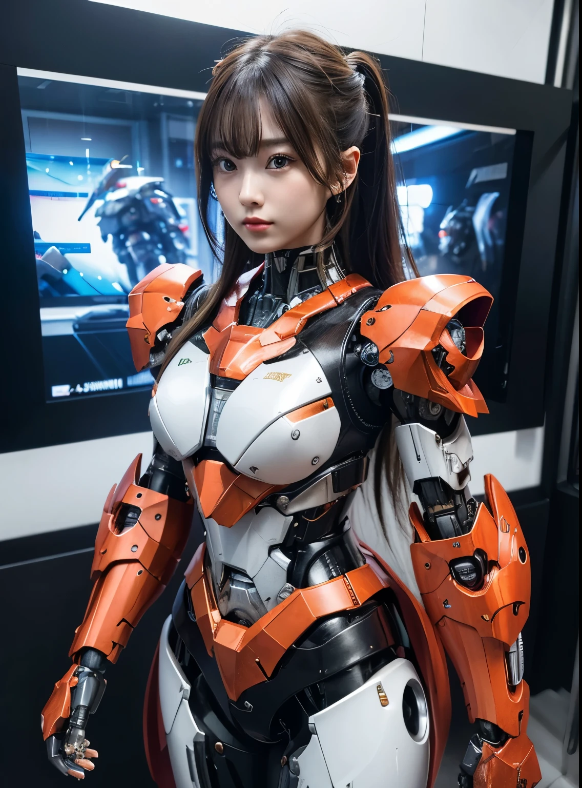 rough skin, Super detailed, advanced details, high quality, 最high quality, High resolution, 1080P, hard disk, beautiful,beautifulサイボーグの女性,Mecha cyborg girl,battle mode,Mecha body girl,She wears a battle cyborg mech with a weapon,Cyborg Warrior,full body shot