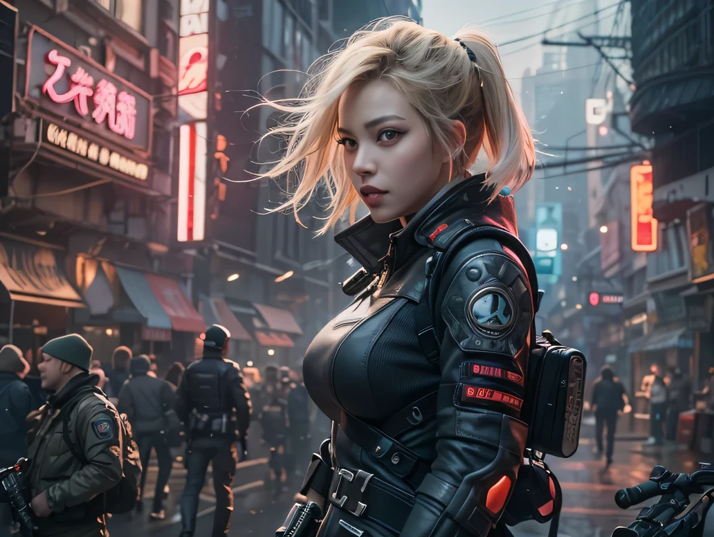 cyberpunk world war 3, cinematic composition, Fantasy digital painting by Greg Rutkowski and James Gurney, Trending at Art Station, very detailed, hyper realistic, realistic, photorealistic, dynamic lighting, very detailed, cinematic landscape, Studio Landscape, studio lighting, 1 cute girl, ((idol face:1.2)), (perfect eyes:1.35), (beautiful and fine eyes:1.65), short wavy blonde hair, SWAT suit,