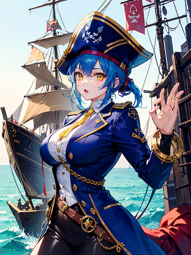 （（（masterpiece、Highest image quality、highest quality、highly detailed unity 8ｋwallpaper）））、（（Illustration of one girl、upper body））、（（（beautiful girl）））、（fantasy、female pirate）、（Light light blue hair、short ponytail：1.2、yellow eyes）、（（（Right hand is a prosthetic hand、steampunk prosthetic arm）））、（（tall））、bulky figure, massive frame, thick neck, sturdy arms, powerful legs、（captain&#39;s suit、Pirate hat、Blue coat）、pier、pirate ship anchored、Wooden sailing ship