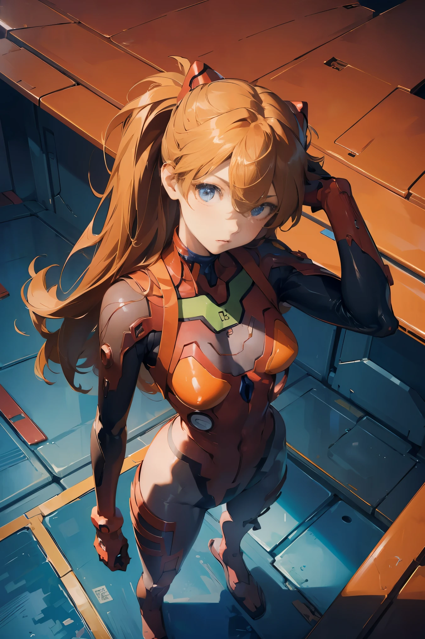 (masterpiece), best quality, expressive eyes, perfect face, 1girl, solo, souryuu asuka langley, interface headset, red bodysuit, hands on waist, standing, hand raised, pointed at the viewer, laboratory background, portrait, looking at the viewer, from above