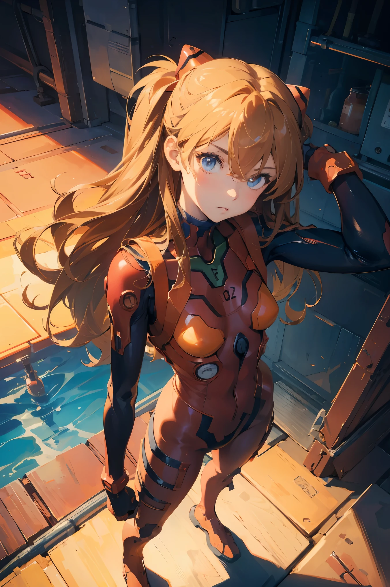 (masterpiece), best quality, expressive eyes, perfect face, 1girl, solo, souryuu asuka langley, interface headset, red bodysuit, hands on waist, standing, hand raised, pointed at the viewer, laboratory background, portrait, looking at the viewer, from above