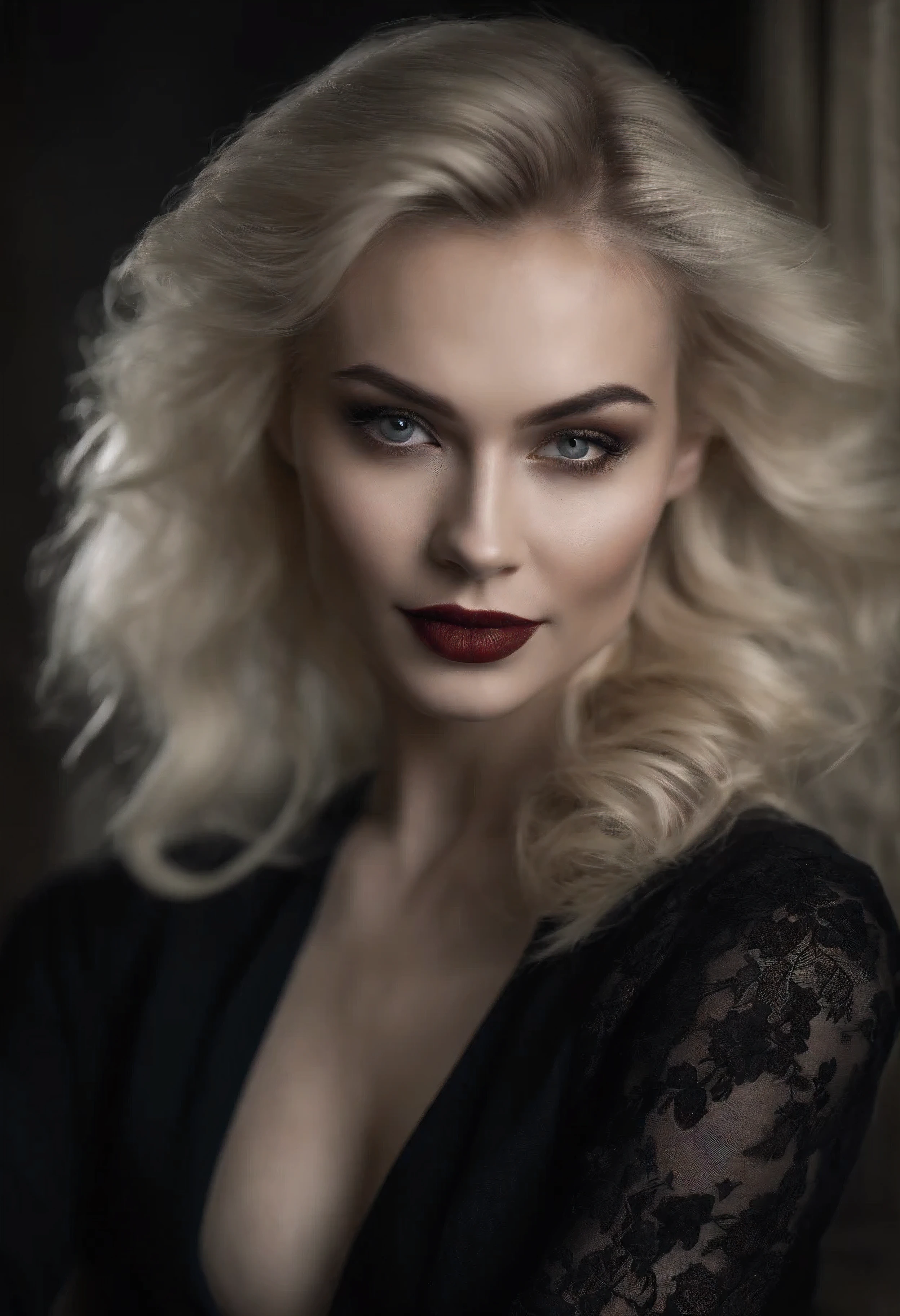 Dark portrait of a blonde vampire, Black suit, hair up, pomade, Perfect pale skin, detailed dark ink, Beautiful, Beautiful большая грудь, smiling, Visible fangs, она забрызгана Bloodю, Skinny jeans accentuate her Beautiful body, (sexual) Outside, She seduces, питается Bloodю, High quality dark background, Super detailed landscapes, super sharp focus, detailed dark ink,  Perfect Professional Makeup, dark medium, a dark room, Blood
