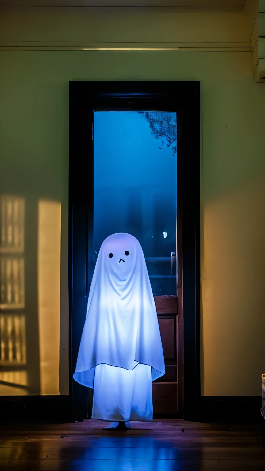 cute glowing sheet ghost walking in a hallway in the style of pixar animation, 35mm film shot, anamorphic lens, lens flare,