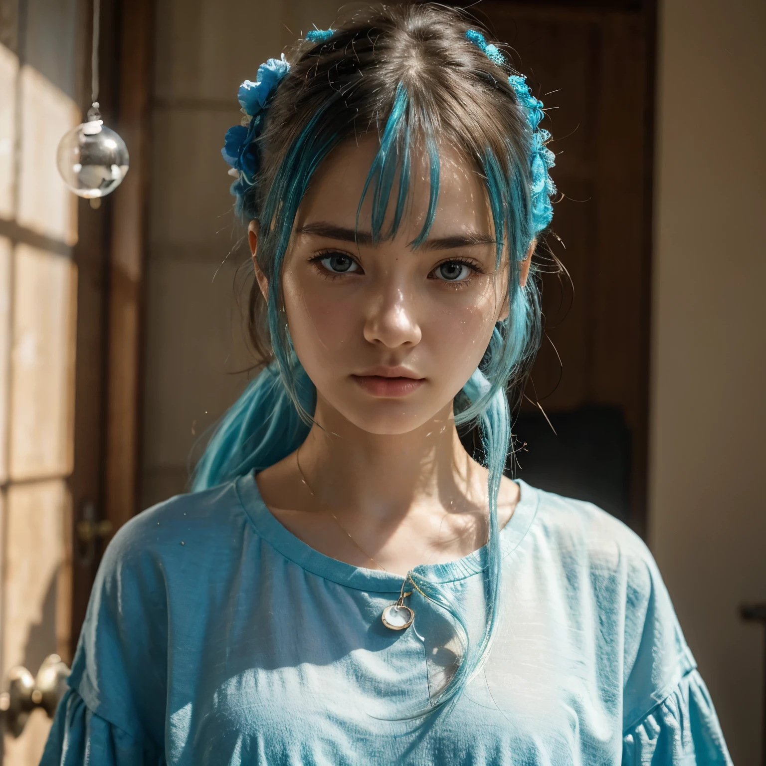 (masterpiece), (best quality), (ultra detailed),(disheveled hair),(illustration), (1girl), (Fashionable clothing), standing, Fashion model, looking at viewer, (interview), (simple background),beautiful detailed eyes, delicate beautiful face, Floating,(high saturation),(colorful splashes),colorful bubble,(shining), focus on face,  ponytail, kamisato ayaka, light blue hair, bangs, hair ring, floating flowers, floating hairs, (shining), best lighting, best shadow, look of disgust 