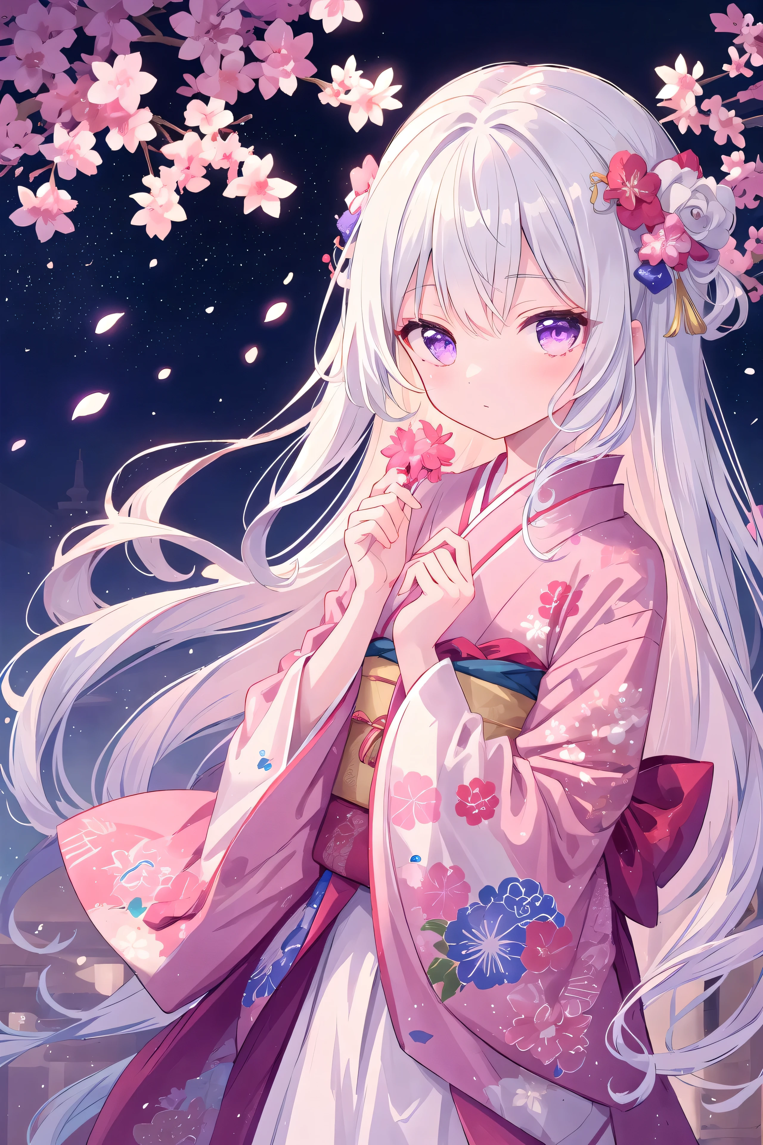 meilleure qualité, dessus de la table, ultra-détaillé, haute résolution,rétines, parfait, 4k, peinture numérique, belle fille, Seulement, élégant, Porter un kimono avec des détails violets, De longs cheveux gris flottant au vent, De beaux yeux violets qui brillent, Tenez-vous devant un temple majestueux, Situé sur fond de nuit, Cerisiers en pleine floraison qui l'entourent, Des pétales qui tombent doucement, Créer une atmosphère magique, Fille chantant la magie du vent, Avec des rafales de vent tourbillonnantes et des particules rougeoyantes, Détails complexes de l'architecture du temple, Modèle exquis de kimono, Des couleurs vives contrastant avec l'obscurité de la nuit, Des photos qui capturent tous les coups de pinceau fins et les textures délicates.
