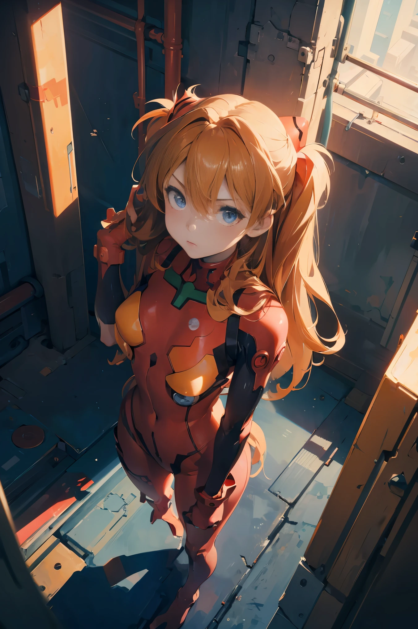 (masterpiece), best quality, expressive eyes, perfect face, 1girl, solo, souryuu asuka langley, interface headset, red bodysuit, hands on waist, standing, hand raised, pointed at the viewer, laboratory background, portrait, looking at the viewer, from above