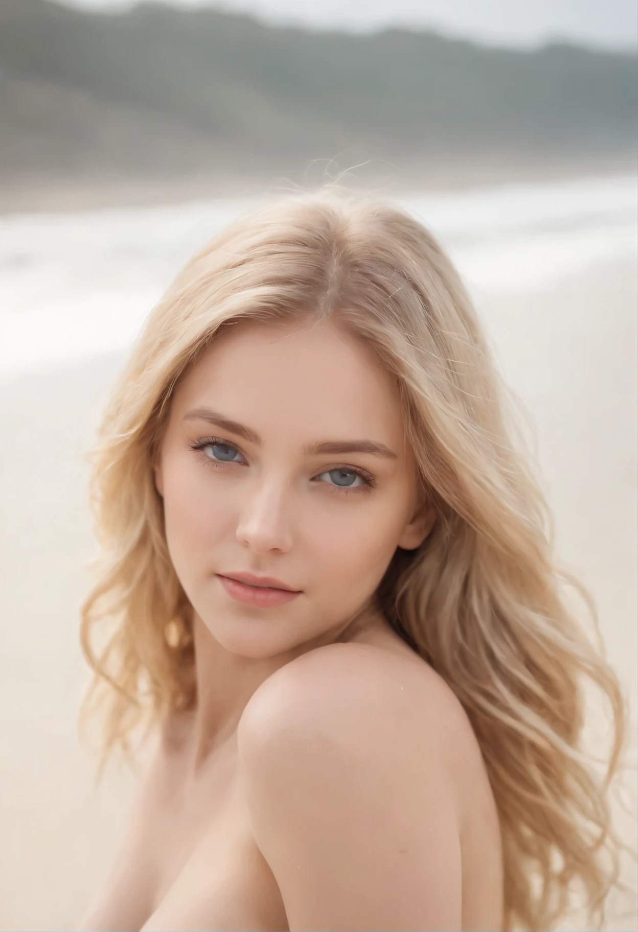 Girl in the beach, she wearing a bikini ,1 girl, very disheveled hair, |blonde, very beautiful long shiny hair, very beautiful pretty face, shiny shiny beautiful skin, solo, super high quality, hard focus, film grain, super high resolution, masterpiece, sparkling nice detailed crystal clear light blue eyes,