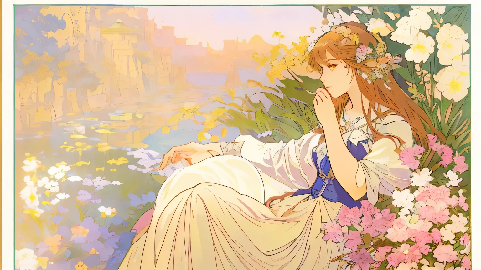 sitting、troubled expression、1 woman、masterpiece, 最high quality, high quality, very detailed CG unified 8k wallpaper, Beautiful landscape painting, award-winning photography, Bokeh, Depth of bounds written, HDR, flowers, color difference, realism, very detailed, Art Station Trend, CG Society Trends, Complex, high detail, Drama, 旅の途中の芸術とmasterpiece, color is uniform, tone is even, and the overall atmosphere is high end. Poster art is inspired by Alphonse Mucha, pixiv, nowi, animation new, Mucha Style 4K, Alphonse Mucha style, demura and Alphonse Mucha style, Flat Shading Mucha.