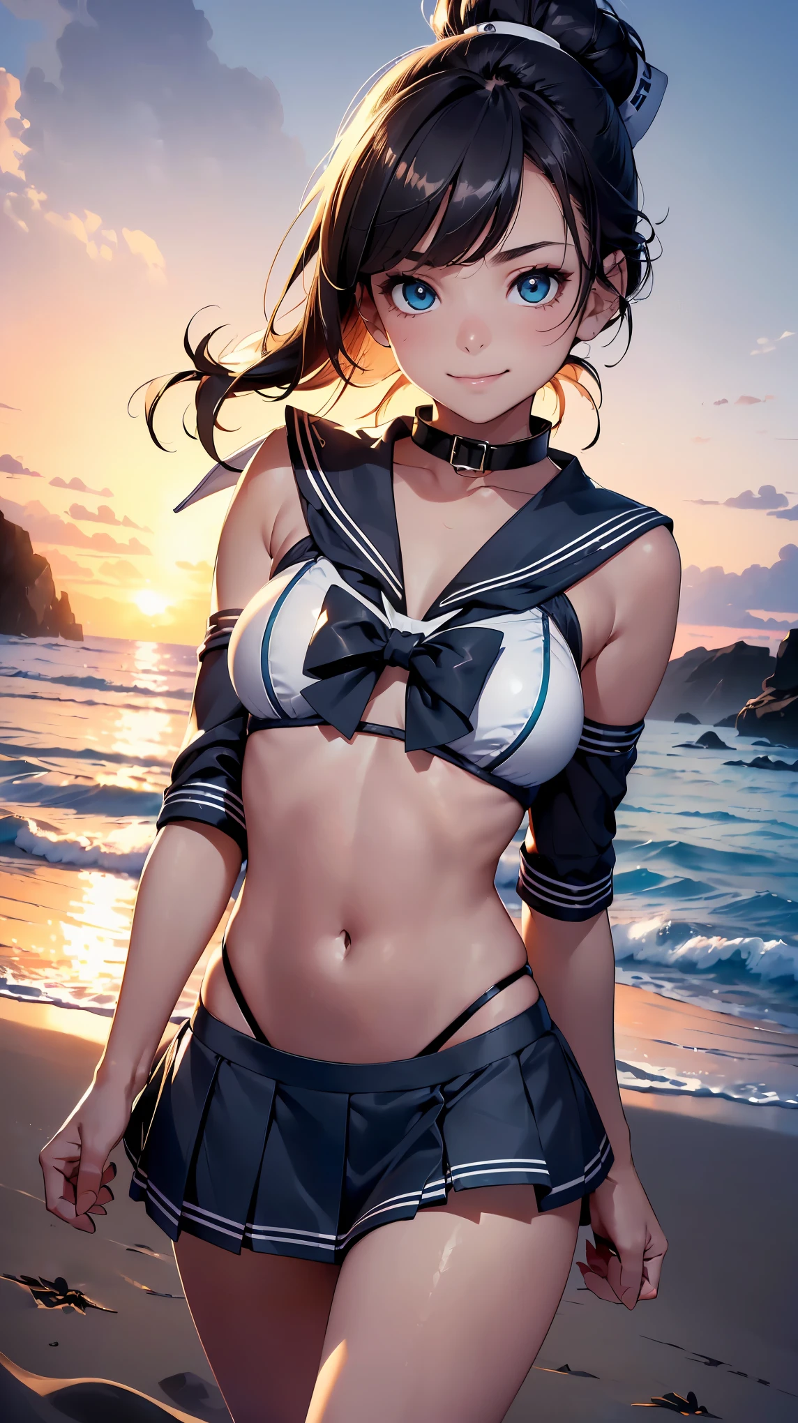 (8K, RAW photo, 最high quality, masterpiece: 1.2), High-definition RAW color photo, Professional photo shoot, cinematic light, dynamic angle, dynamic pose, (((young woman, gal))), (Sharp features), (Big eyes), (small face), (high detail skin: 1.2), clavicle, cute face, beautiful appearance, long eyelashes, (rainbow hair, Rainbow Eye), (beautiful breasts:1.5), (slim body:1.5), very detailed顔と肌の質感, fine eyes, natural makeup,(((sailor bikini with collar:1.5, No sleeve, No hats to wear:1.2, micro mini skirt:1.5))), sexy woman, ((Sheer swimsuit:1.2)), Flipping up the skirt, ((female masturbation)), ((open your mouth)), Enjoying the act, ((Sandy beach at dusk, Backlight)), staring eyes, ((smiling)), beautiful skin, shiny skin, perfect fingers, five fingers, anatomically correct, background bokeh, high quality, surreal, bright colors, ((very detailed, photo shoot)),