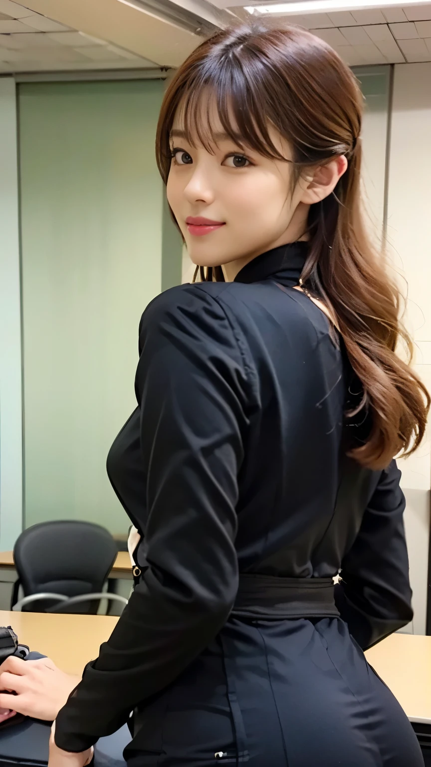 (((perfect anatomy))),(((A beautiful office lady from a prestigious company with long chestnut hair sits at her desk wearing a black one-piece suit with little exposure and a long-sleeved jacket.))),A full-body photo of a capable office lady sitting at her desk,A beautiful office lady wearing a black suit, knee-length tulip skirt, and white blouse.,(((Ulsan-6500))),(((Beautiful background bokeh with deep depth of field created by Hasselblad))),sexy waist,masterpiece,highest quality,ultra high resolution,High detailed profile portrait,tall nose and beautiful face,limbs like a model,The fair-skinned nape of the neck is dazzling,(((Her slim waist and stunning hips are a beauty that captivates everyone who sees her.))),I tidy up my desk with my jaw set.,((Photo taken from behind)),cute 20 year old, Her long, beautiful, lustrous chestnut hair is tied up in a bun, and the nape of her neck is cute.,(Her proud F cup breasts shine),long eyelashes and large eyes,,Clear double eyelids,((Glossy thick lips)),perfect anatomy,