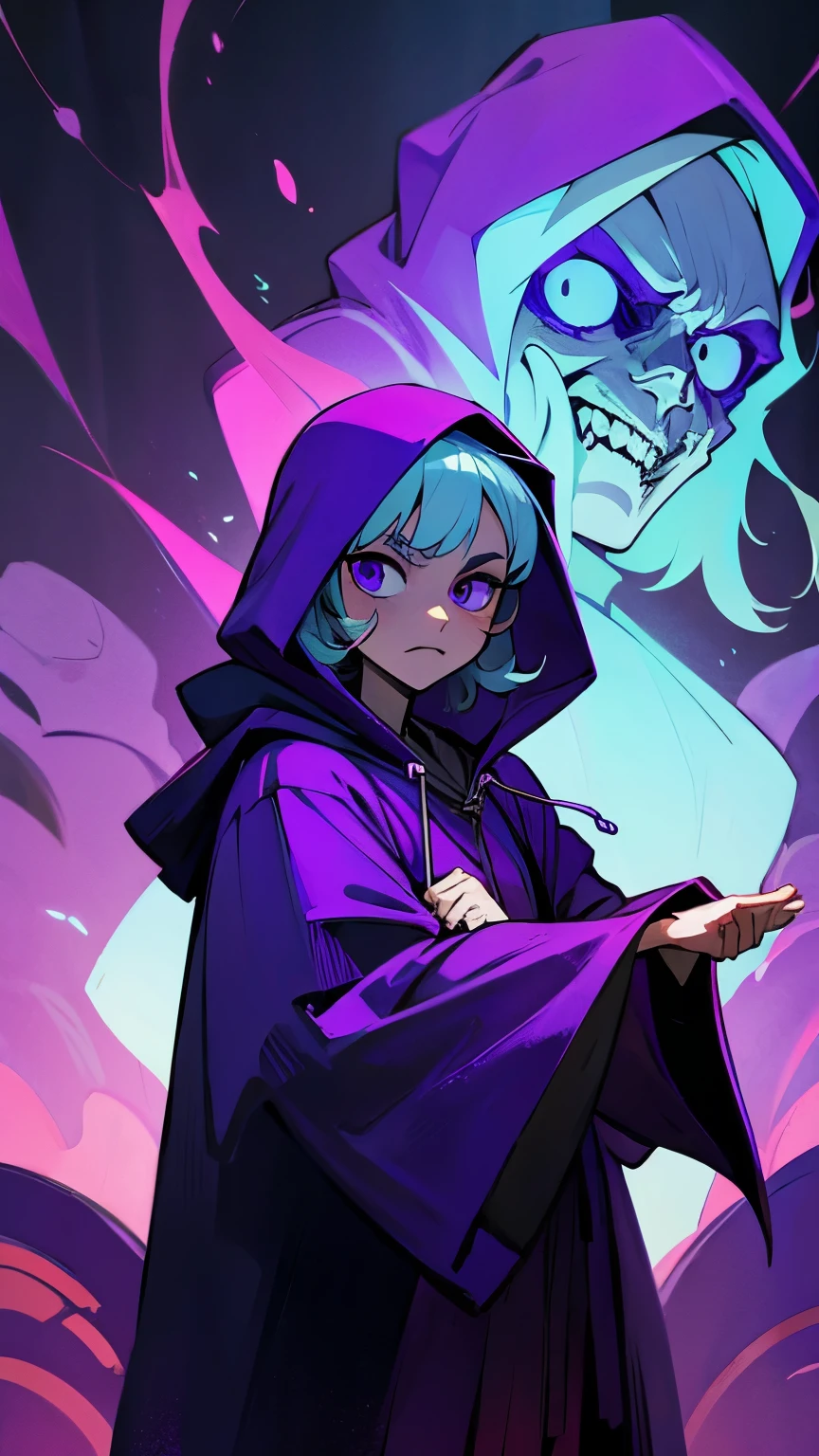 evil cultist in purple hooded robe, strong, in fantasy