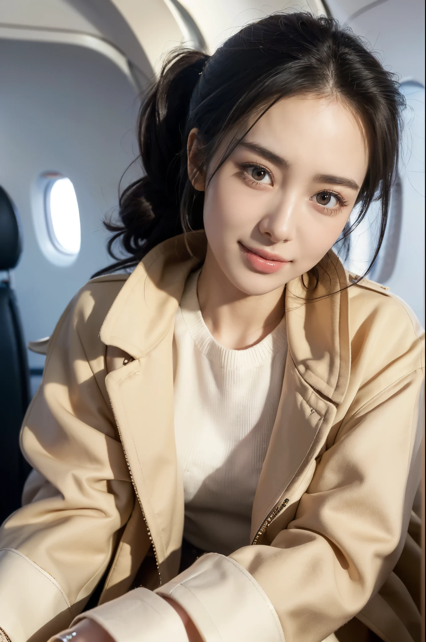 ((((8k))),((Extremely meticulous CG)) ,(wallpaper),16k,((Extremely refined and beautiful)),(((Masterpiece))),(((best qualtiy))),(((Ultra High Resolution))),beautiful light up,Perfect lightning,realistic shaded,[A high resolution],(Smooth and flawless fair skin:1.5),(pale skin:1.3),Extremely exquisite facial details,(perfect body:1.1),ultra-detailed,A beautiful girl,small head,(black short ponytail:1.1),small face,Exquisite makeup,(small breasts:1.1),flat chests,slim,thin,happy,(smile:1.2),(trench coat:1.3),(underneath the coat was sweater:1.2),(slender legs:1.2),(pantyhose:1.2),(white sneakers:1.1),(day scene:1.5),(In a passenger plane:1.5),(In the aircraft cabin:1.3),seats,(detailed background:1.5),(Sitting in the seat:1.3),trunk,(full body:1.2),(from front:1.3),(Surrounded by crowded crowds:1.3),The cabin is full of passengers