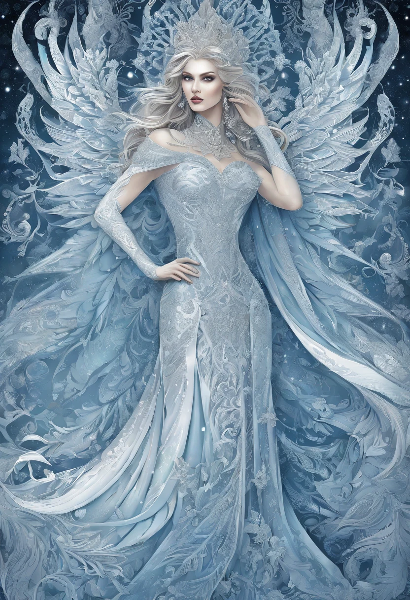 1gril. generate a celestial and colorful ice angel. her eyes should be beautifully detailed, extremely detailed, realistic, macro, and bright. her face should be fierce and dynamic. She should have soft, full lips and an arched nose. Her face should have high cheekbones, a strong jawline, and large lips. include a highly detailed face with realistic eye shading. her clothes are long and flowing and made of silk and lace and pearls. include frosty details such as snow, wind, snowflakes, cold air, and night sky. include phantasmal iridescence, shimmer, glimmer, and bumps, as well as beautiful and intricate fantasy details. this is a magical and high fantasy image. cold, frost, frost on image, frost on camera, frost on figure, intricate snowflakes ((masterpiece)), best quality, high quality, highres, intricate details, portfolio piece, bryan organ, matte, trending on art station, in the style of greg rutkowski, include magical ice creature, use shades of blue, include fur, (dynamic composition), (highly detailed), ornate, ultra detailed, detail enhancements, magical details, fantasy vibes, very detailed ice dragon, beautiful and intricate ice chimera, ((dynamic composition)). include colorful iridescence