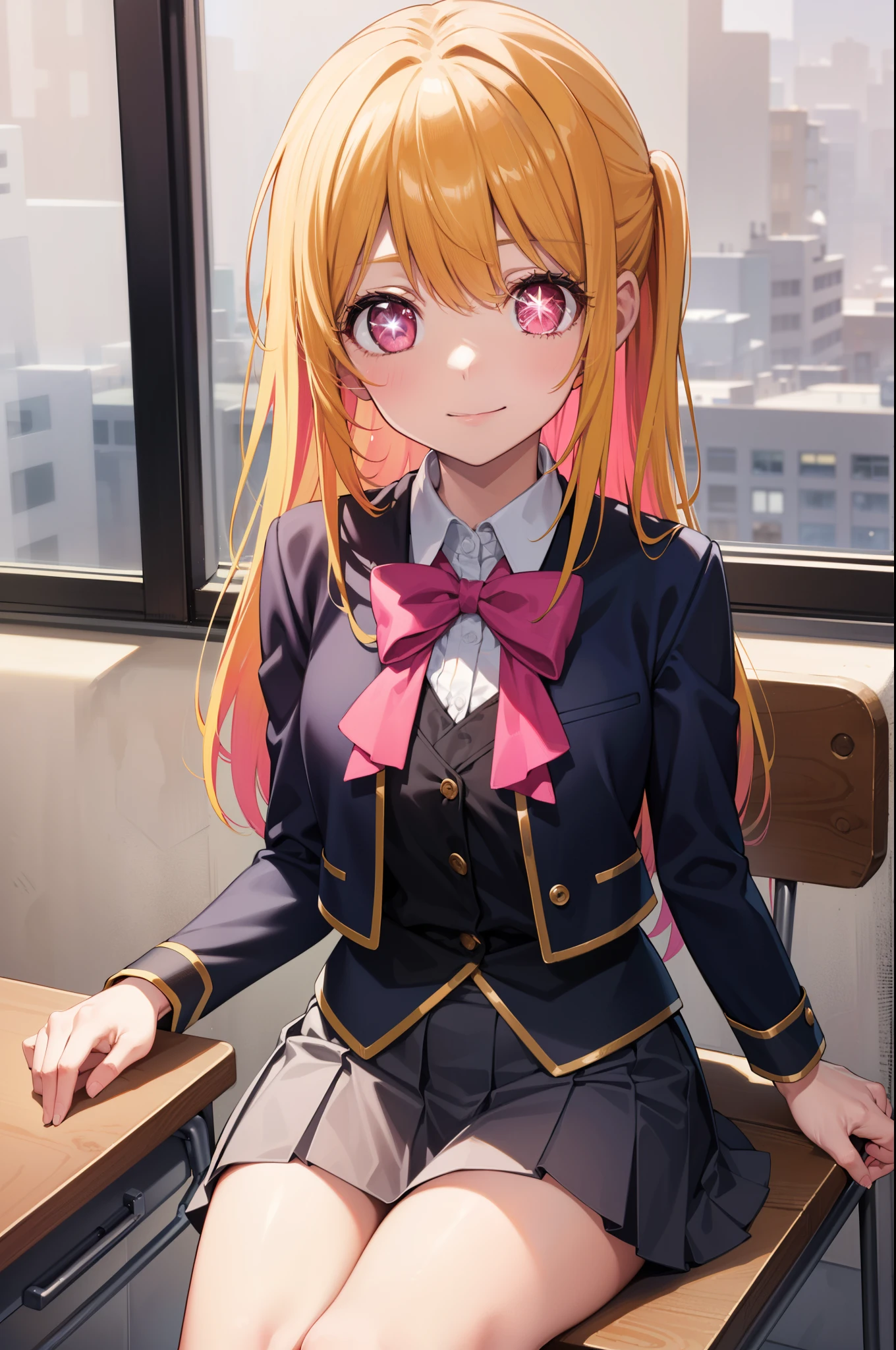 1 grill, Hoshino Ruby, (yellow hair:1.5), long hair, (pink eyes:1.5), side lock, (Star pupil of the left eye:1.5), (Pink right eye:1.5)
break black vest, blue Jacket, bow, bowtie, collared shirt, cropped Jacket, Jacket, knee high, long sleeve, pink bow, pink bowtie, pleated skirt, school uniform, shirt, Gray skirt, socks, vest, white shirt, white socks, youtou high school uniform, sitting in a chair, (sitting at a desk:1.2), (Put your left hand on your chest:1.2),
break looking at viewer,
break indoors, classroom, Asahi, White light,
break (masterpiece:1.2), highest quality, High resolution, unity 8k wallpaper, (figure:0.8), (beautiful and fine eyes:1.6), highly detailed face, perfect lighting, Very detailed CG, (perfect hands, perfect anatomy), smile