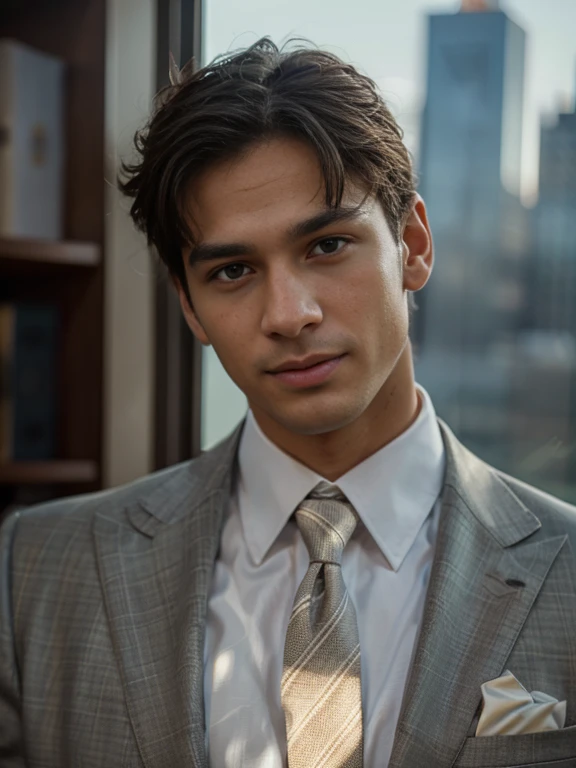(best quality,realistic:1.2),(portrait,photorealistic),A man wearing a suit, dress shirt, and tie,standing in a well-lit room, with a confident expression,perfectly groomed hair,wearing polished leather shoes,straight posture,with a subtle smile,looking directly at the viewer,with a city skyline visible through the window,high-quality fabric texture on the suit,detailed facial features and hand gestures,ultra-fine painting style,great attention to detail,subtle shading and highlights,rich and vibrant colors,professional studio lighting,sharp focus,photographically accurate rendering,crisp and clear image,high-resolution artwork (4k,8k),every wrinkle and fold on the suit is visible,exceptional clarity and definition
