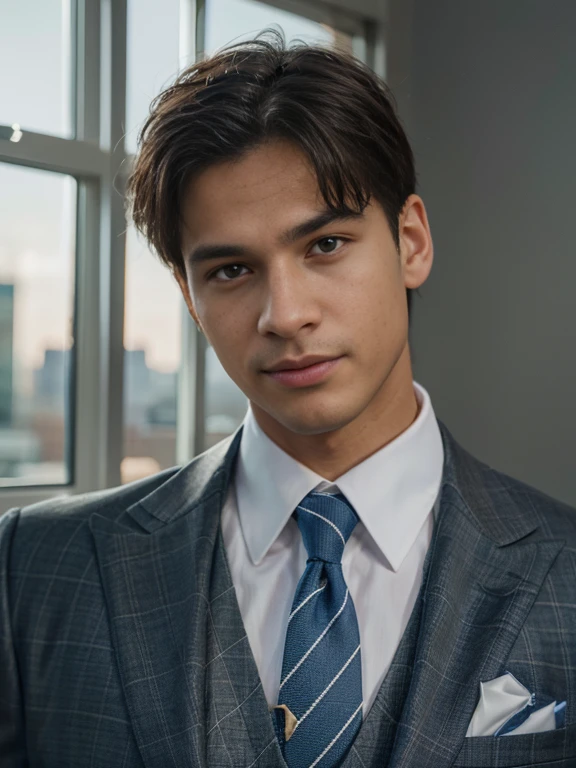 (best quality,realistic:1.2),(portrait,photorealistic),A man wearing a suit, dress shirt, and tie,standing in a well-lit room, with a confident expression,perfectly groomed hair,wearing polished leather shoes,straight posture,with a subtle smile,looking directly at the viewer,with a city skyline visible through the window,high-quality fabric texture on the suit,detailed facial features and hand gestures,ultra-fine painting style,great attention to detail,subtle shading and highlights,rich and vibrant colors,professional studio lighting,sharp focus,photographically accurate rendering,crisp and clear image,high-resolution artwork (4k,8k),every wrinkle and fold on the suit is visible,exceptional clarity and definition