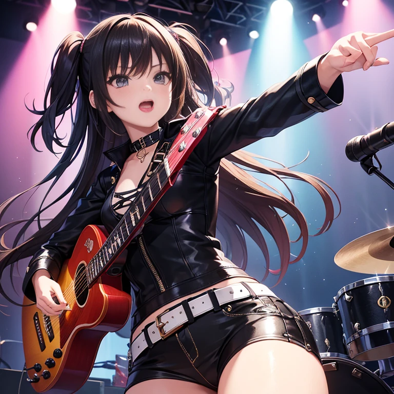 (best quality, hyper detailed, high quality, masterpiece),Step into the vibrant world of music, where a spirited young girl rocks the stage with her soulful melodies and edgy style. Picture her donning a pair of sleek leather skinny jeans, exuding an air of cool confidence. As she strums her guitar or passionately sings her heart out, capture the essence of her rebellious yet captivating presence. Let your imagination soar as you bring this musical muse to life."