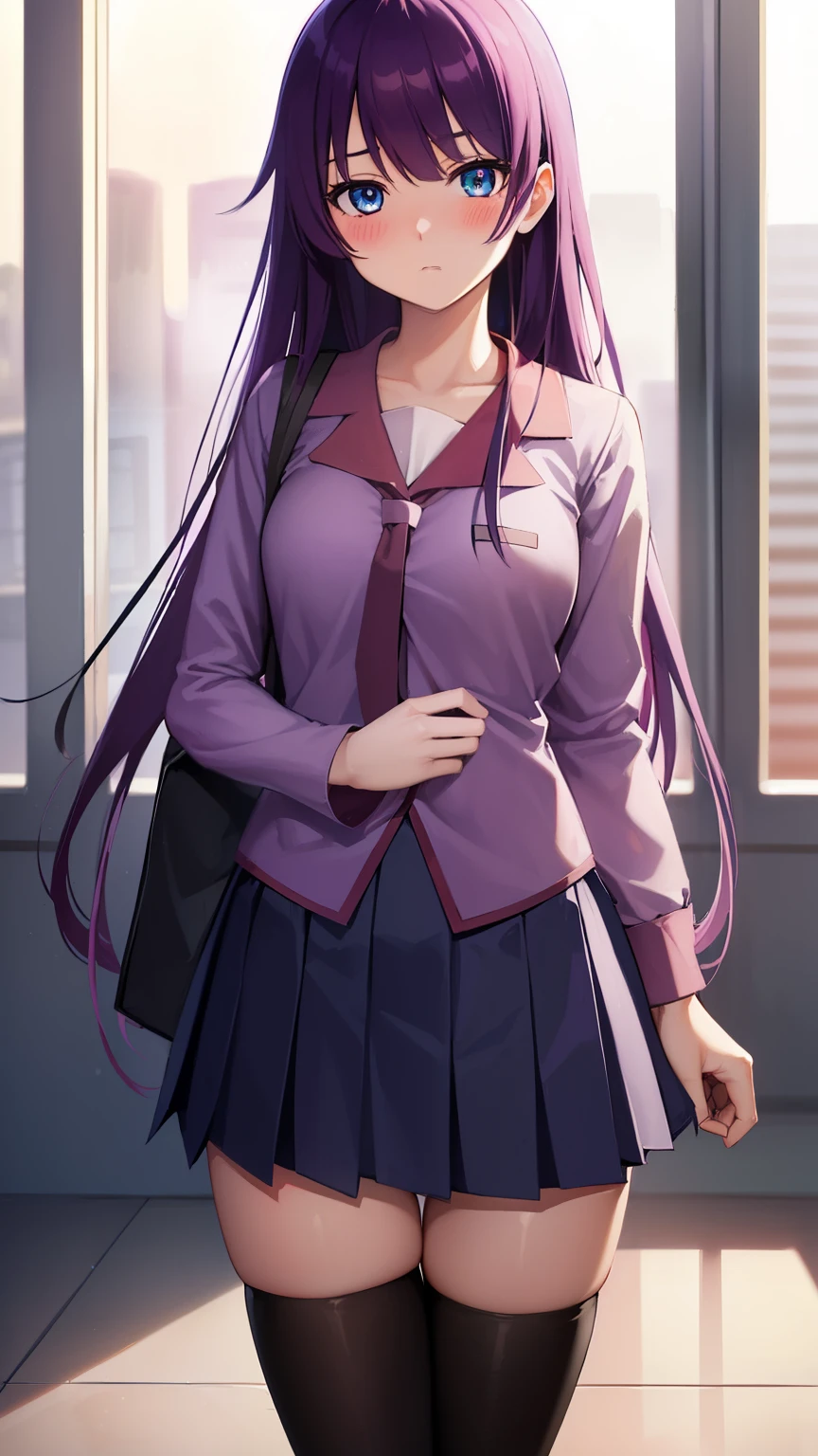 Hitagi Senjogahara, Hitagi Senjogahara, long hair, blue eyes, purple hair, (Medium chest:1.2), 
break skirt, Thighhighs, school uniform, tie, black Thighhighs, zettai ryouiki, naoetsu high school uniform, Light purple shirt,
break indoors, classroom,
break looking at viewer, (cowboy shot:1.5),
break (masterpiece:1.2), highest quality, High resolution, unity 8k wallpaper, (figure:0.8), (beautiful and fine eyes:1.6), highly detailed face, perfect lighting, Very detailed CG, (perfect hands, perfect anatomy),(blush:1.4)