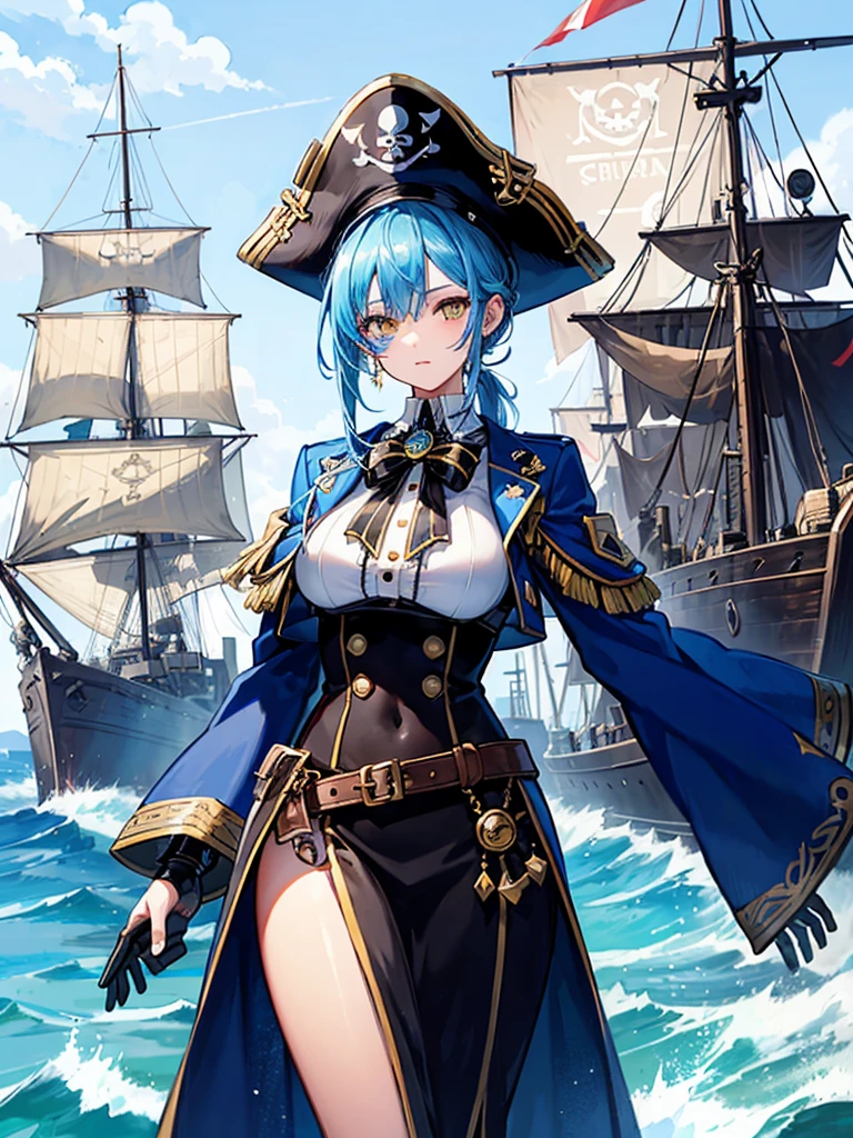 （（（masterpiece、Highest image quality、highest quality、highly detailed unity 8ｋwallpaper）））、（（Illustration of one girl、upper body））、（（（beautiful girl）））、（fantasy、female pirate）、（Light light blue hair、short ponytail：1.2、yellow eyes）、（（（Right hand is a prosthetic hand、steampunk prosthetic arm）））、（（tall））、bulky figure, massive frame, thick neck, sturdy arms, powerful legs、（captain&#39;s suit、Pirate hat、Blue coat）、pier、pirate ship anchored、Wooden sailing ship