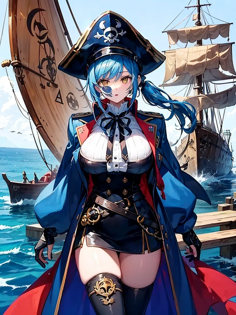 (((masterpiece、Highest image quality、highest quality、highly detailed unity 8kwallpaper)))、((Illustration of one girl、upper body))、(((beautiful girl)))、(fantasy、female pirate)、(Light light blue hair、short ponytail:1.2、yellow eyes)、(((Right hand is a prosthetic hand、steampunk prosthetic arm)))、((tall))、bulky figure, massive frame, thick neck, sturdy arms, powerful legs、(captain's suit、Pirate hat、Blue coat)、pier、pirate ship anchored、Wooden sailing ship