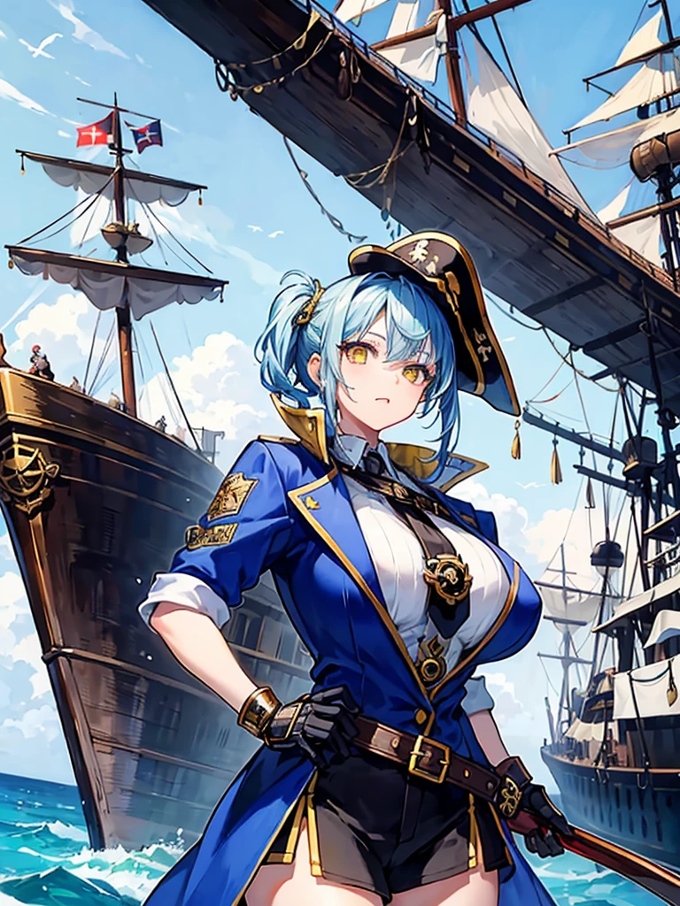 (((masterpiece、Highest image quality、highest quality、highly detailed unity 8kwallpaper)))、((Illustration of one girl、upper body))、(((beautiful girl)))、(fantasy、female pirate)、(Light light blue hair、short ponytail:1.2、yellow eyes)、(((Right hand is a prosthetic hand、steampunk prosthetic arm)))、((tall))、bulky figure, massive frame, thick neck, sturdy arms, powerful legs、(captain's suit、Pirate hat、Blue coat)、pier、pirate ship anchored、Wooden sailing ship