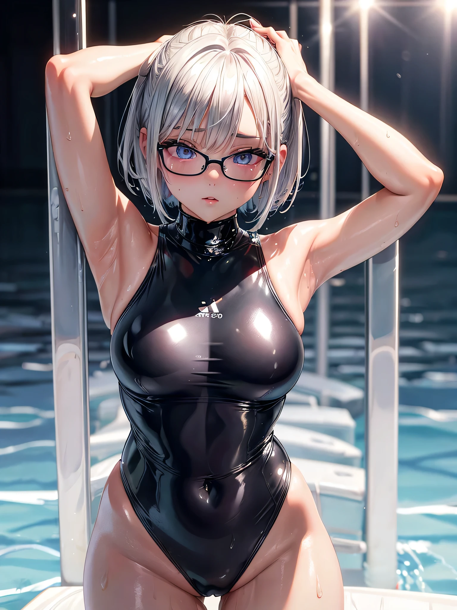 best image quality、8K、UHD、pieces fly、cute eyes、silver hair、Glasses、latex high neck swimwear、latex high neck school swimwear、short hair、短髪のsilver hair美女、wet skin、