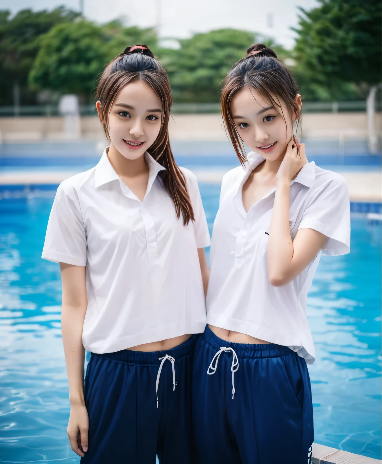 2 girls in the swimming pool, Navy blue short-sleeved shirt,Navy Long Trackpant,Sweatpants, Sweatpantsขายาว,25 year old girl, lesbian, sexy, exercise clothes, wet body