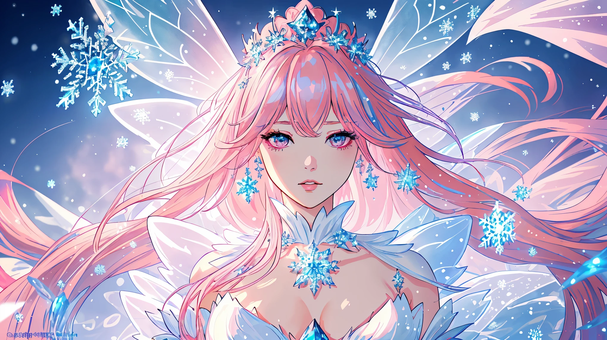 8K resolution，highest quality，Ultra-clear details，queen of ice:1.3，snowflake，goth style，pink hair，Epic composition，Fairy temperament，untidy，masterpiece，gentle，，soft