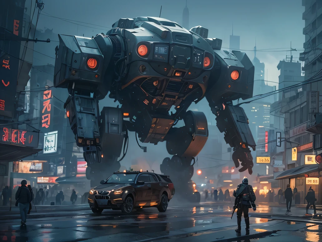cyberpunk world war 3, cinematic composition, Fantasy digital painting by Greg Rutkowski and James Gurney, Trending at Art Station, very detailed, hyper realistic, realistic, photorealistic, dynamic lighting, very detailed, cinematic landscape, Studio Landscape, studio lighting, rain, cigarette, (Giant Humanoid Robot),
