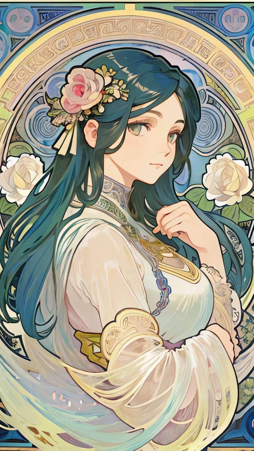 Beauty 1 person、(masterpiece、highest quality、highest quality、beautiful and aesthetic:1.2)、round picture frame、Rainbow-colored、Shining jewelry hair ornament、flowers in full bloom、detailed jewelry、dynamic、Based on the concept of an elegant woman、(((Alphonse Mucha)))、Shining eyes、colorful hair、Fluttering petals、Gradation、hyperdetailed intricately detailed, unreal engine, wonderful, intricate details, splash screen, complementary color, 8K resolution, 逸脱のmasterpiece、fluttering hair、Rose flower、dress
