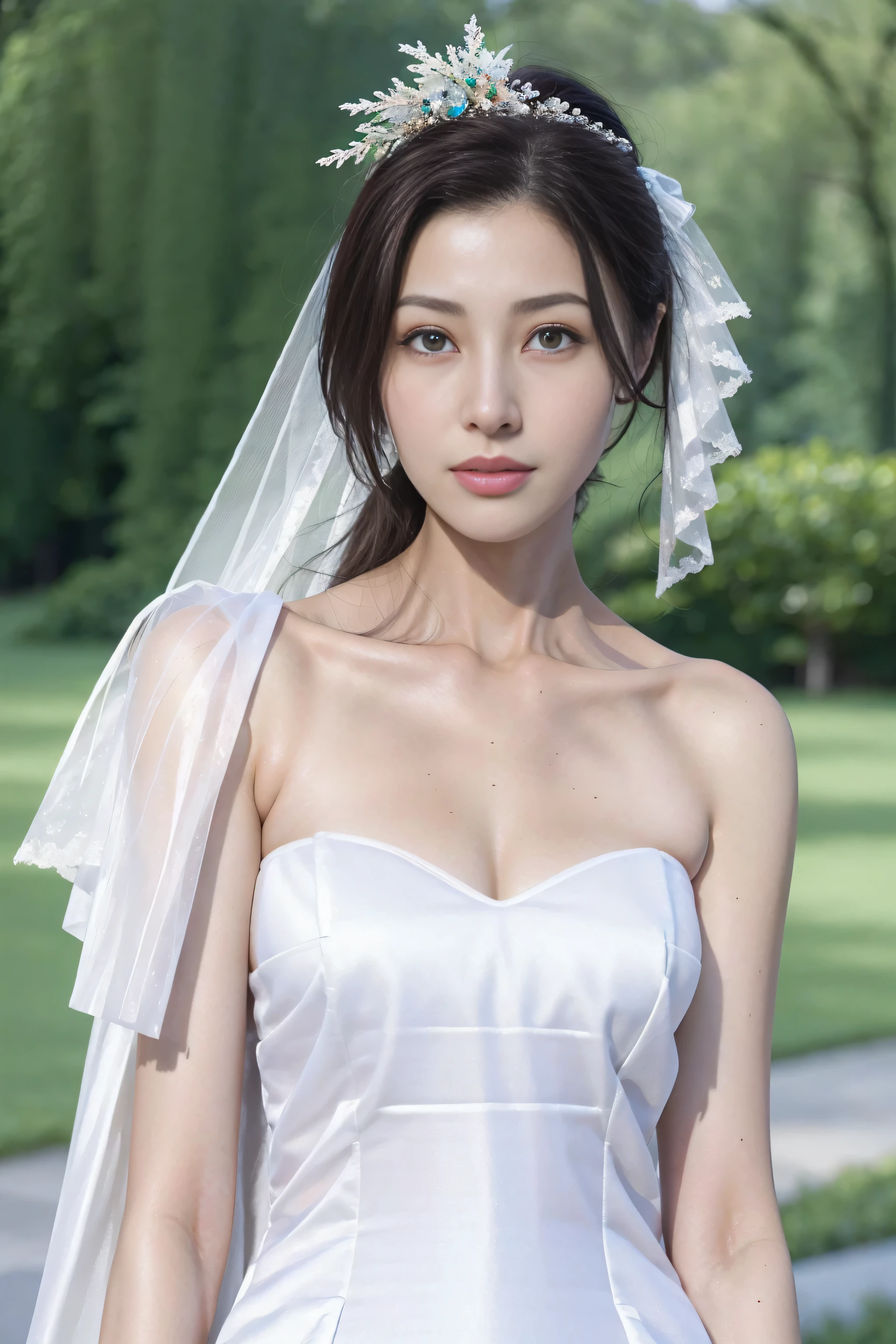 ((Best quality at best)), ((tmasterpiece)), (Detailed pubic hair), perfect face 1 girl,ChineseGirl,Wearing white wedding dress,k hd,Photographic pictures,hyper HD,White veil,Beautuful Women,Smooth skin,white blossoms,beautiful wedding dress,with a simple background,The face is delicate,ssmile,The upper part of the body,dignified,frontage,frontal photos