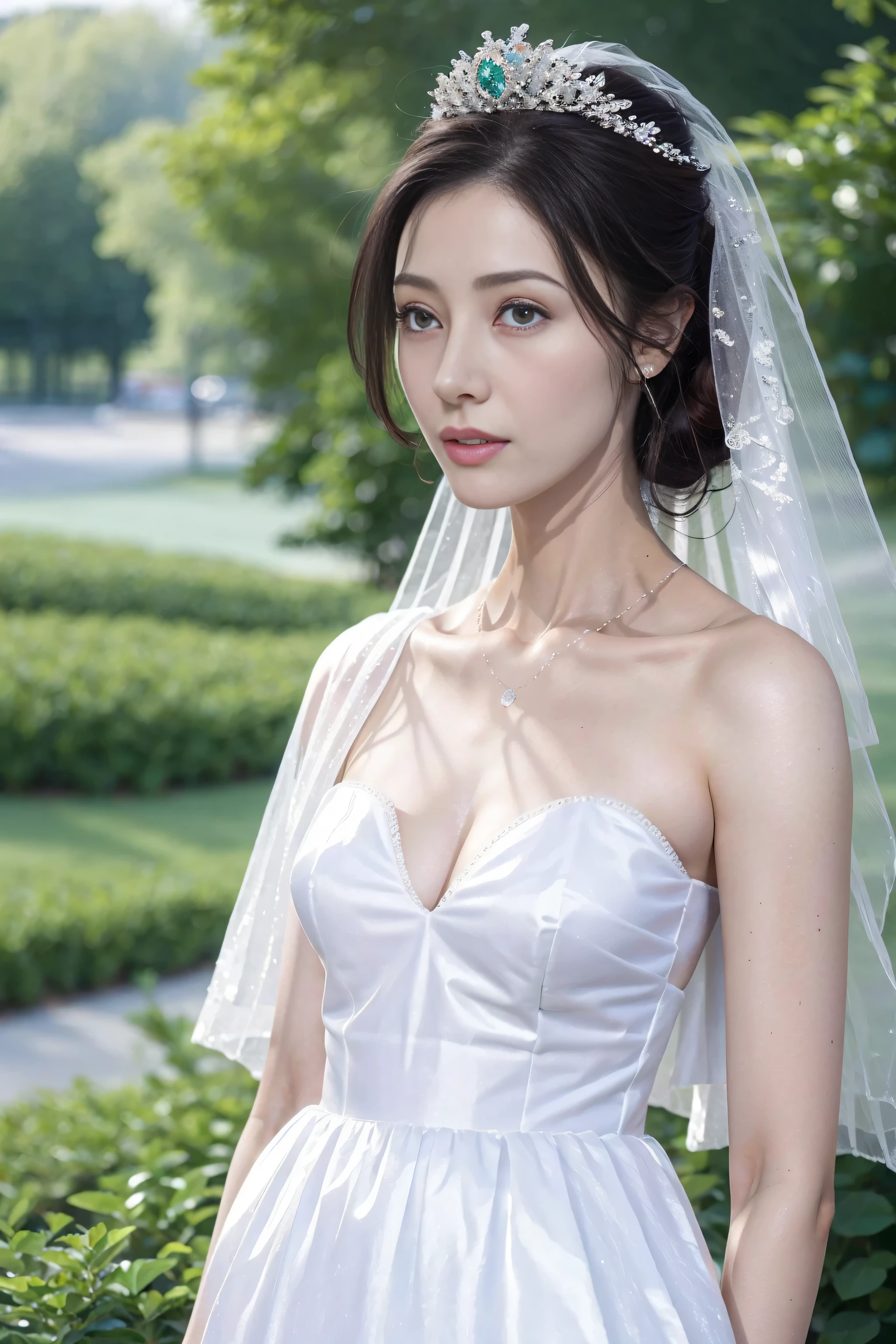 （1 18-year-old female fashion model）， [[[[close up]]]], [[[[]]]], [[[[neck]]]], [[[[Shoulder]]]], perfect eyes, perfect iris，perfect lips，perfect teeth，perfect skin，White skin，Soft headlight，High density imaging review，girl，((white wedding dress))，((Formal wear))，((bridal hairstyle))，(Various dynamic poses)，The background is green trees and gossip，high quality， masterpiece， ultra high resolution，（lifelike： 1.4）， original photo，（超级lifelike细节））， best quality，（pastel colors：1.2）