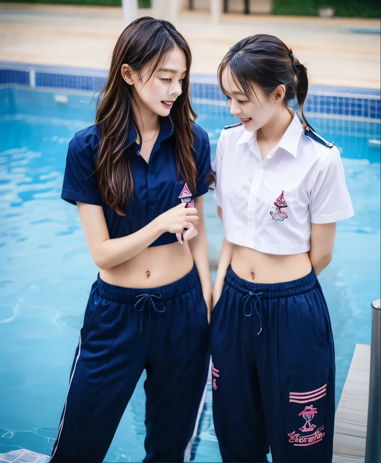 2 girls in the swimming pool, Navy blue short-sleeved shirt,Navy Long Trackpant,Sweatpants, Sweatpantsขายาว,25 year old girl, lesbian, sexy, exercise clothes, wet body