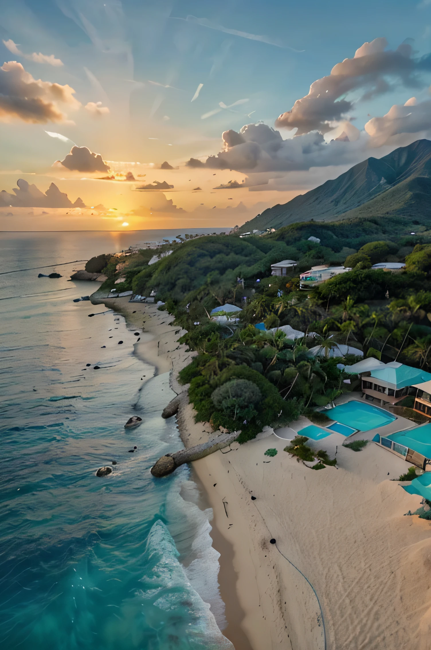 light blue water sea, white sandy beach, green palm trees, view from high mountain during sunset