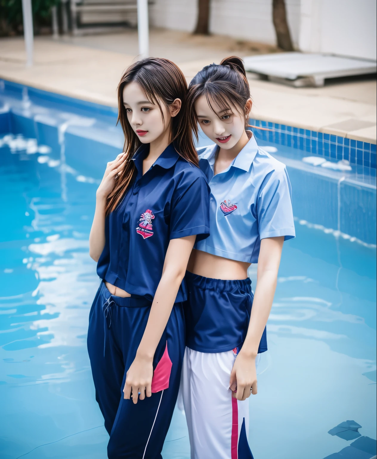 2 girls in the swimming pool, Navy blue short-sleeved shirt,Navy Long Trackpant,Sweatpants, Sweatpantsขายาว,25 year old girl, lesbian, sexy, exercise clothes, wet body, Gym Wear