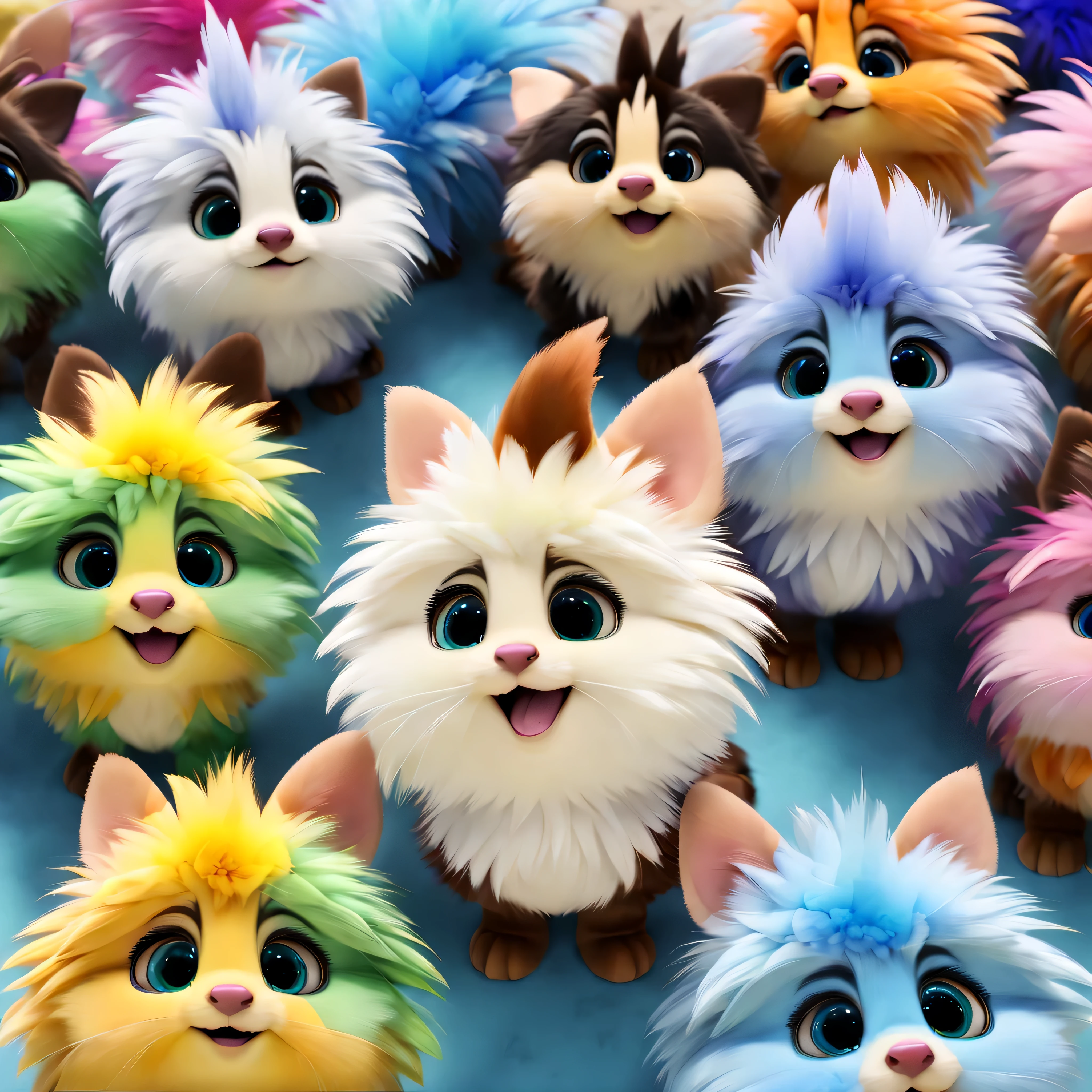 Modern Disney Style, Cute little animal looking up at the viewer, adorable, high angle、Colorful body、Has feathers、Deformed Character、