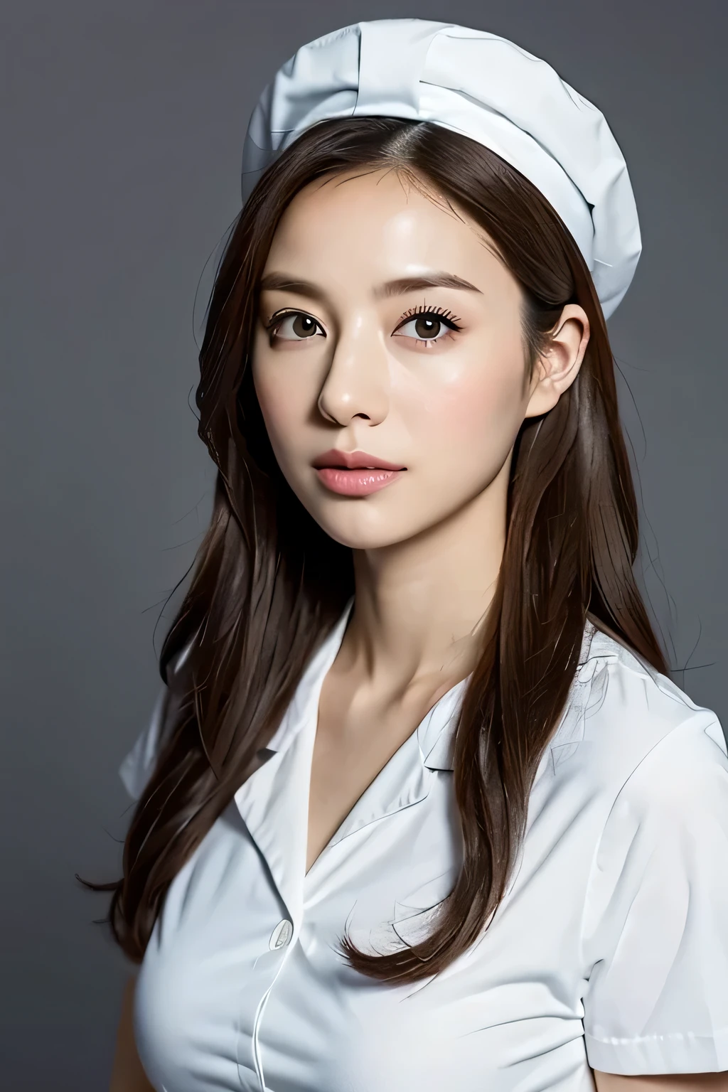 (RAW photo, highest quality), (realistic, photo-realistic:1.3), wide angle photo, masterpiece, 1 girl, cute, young, (Upper body:1.3), realistic face, Are standing, studio lighting
(((white))) nurse uniform smooth, nurse, nurse hat, Stethoscope Dr. she 